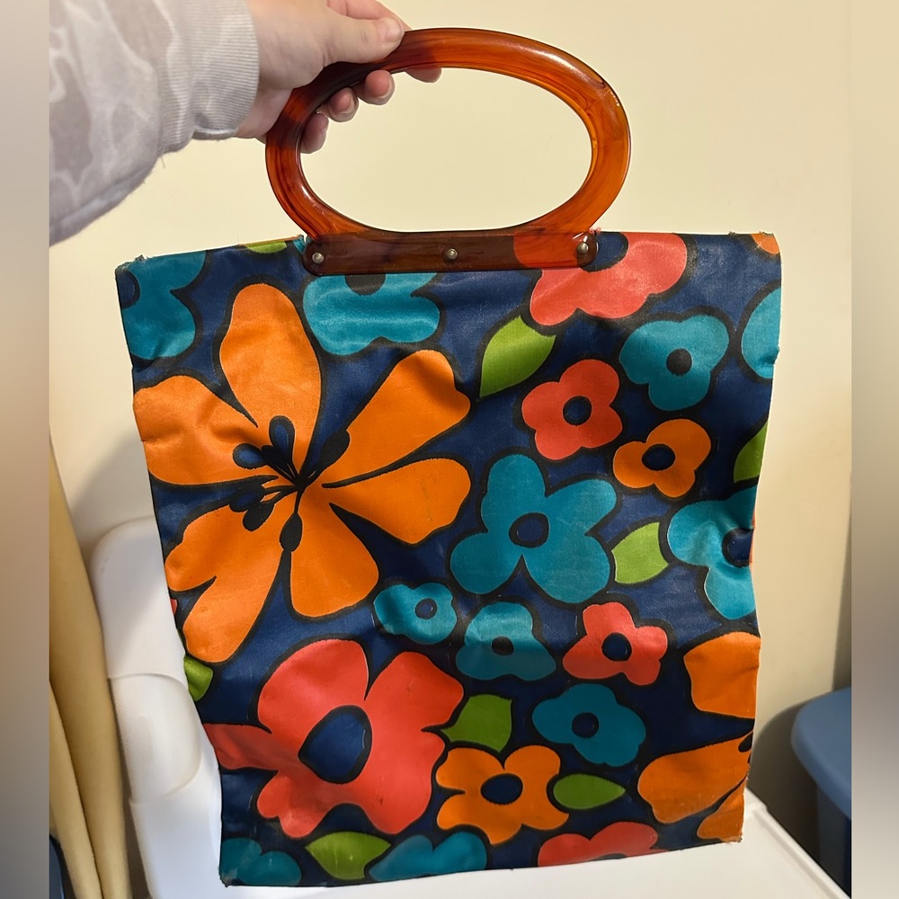 Vintage 60s Lady’s Pride Folding Tote Bag Orange acrylic handles floral print